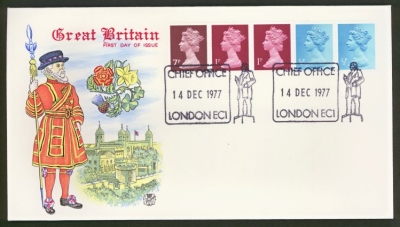 1977 14th Dec 10p Coil Strip on Stuart cover London FDI