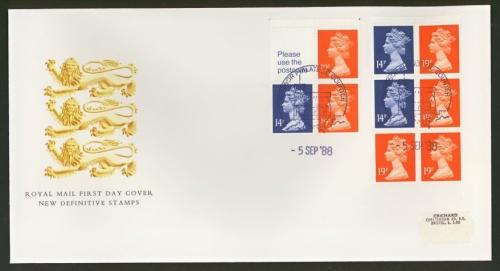 1988 5th Sept 50p + £1 Booklet panes on Post Office cover Windsor FDI