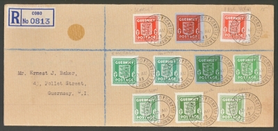 Guernsey 1941 Wartime ½d + 1d Shades 10 different shades VFU on cover